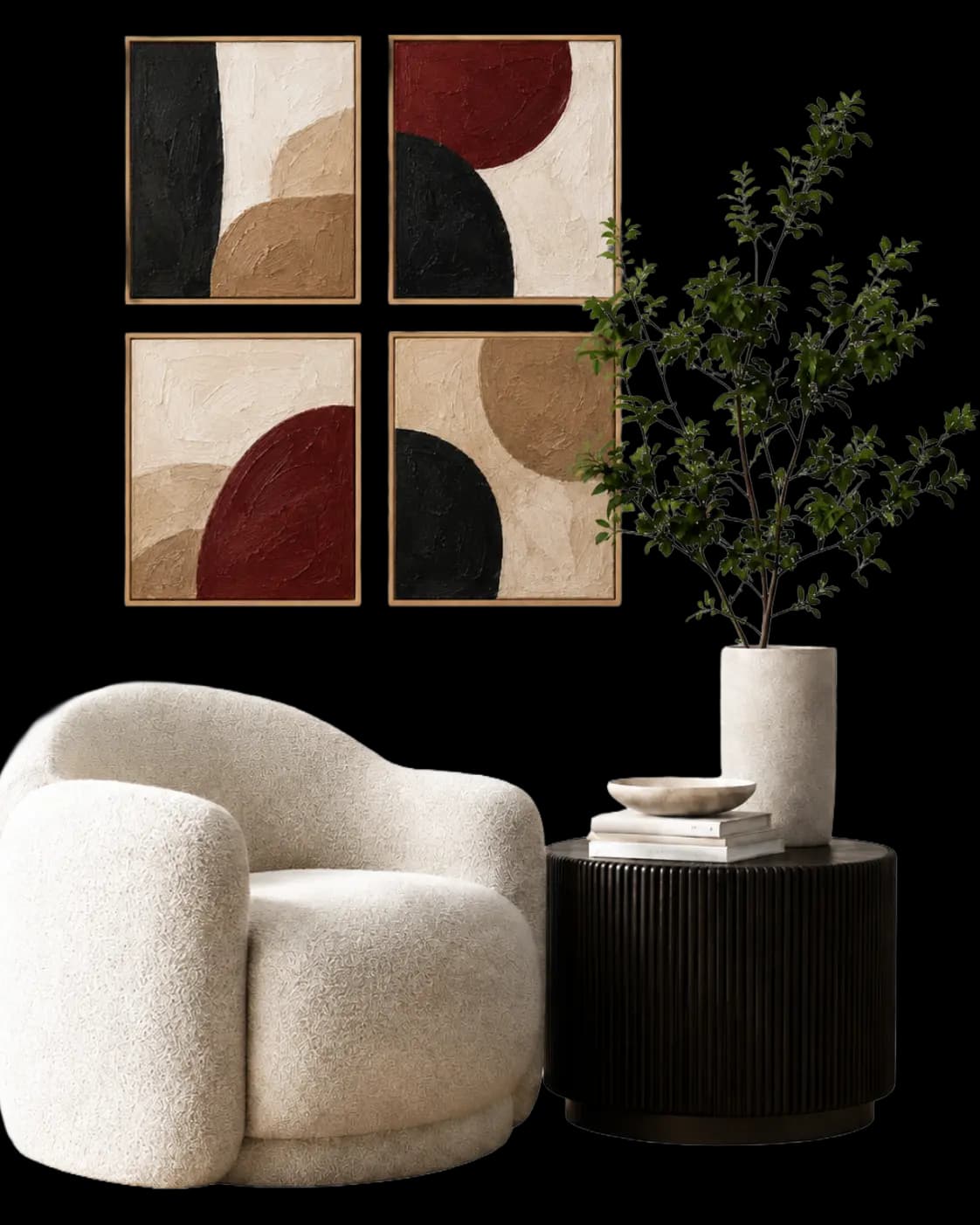 A styled room with four framed original abstract paintings above an armchair and side table